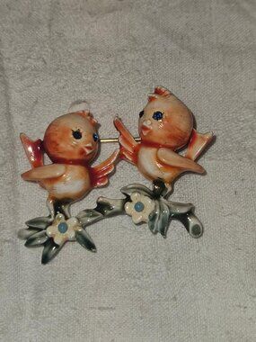 Vintage HAR Enamel Love Birds on a Branch Brooch Mid Century Signed